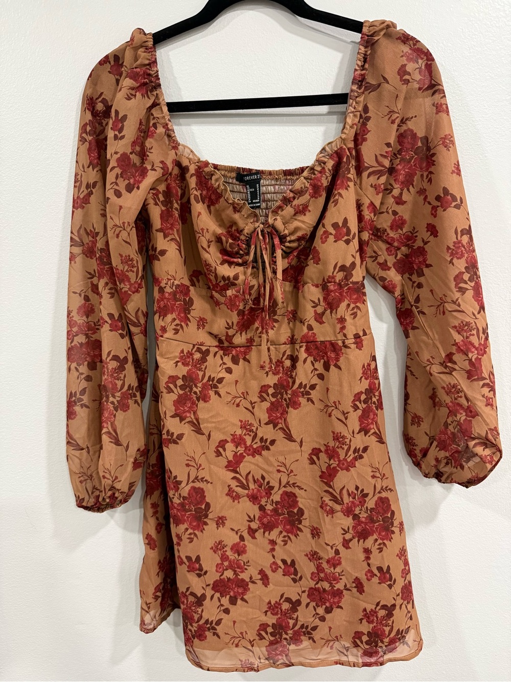 Forever 21 Floral Tie-Front Long Sleeve Mini Dress - Rust Red Size M